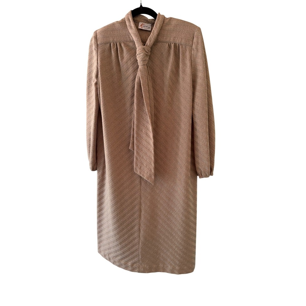 Kiva Ltd. Dress Tan Vintage Tie Neck Ribbed Knit Long Sleeve Secretary Shift 12